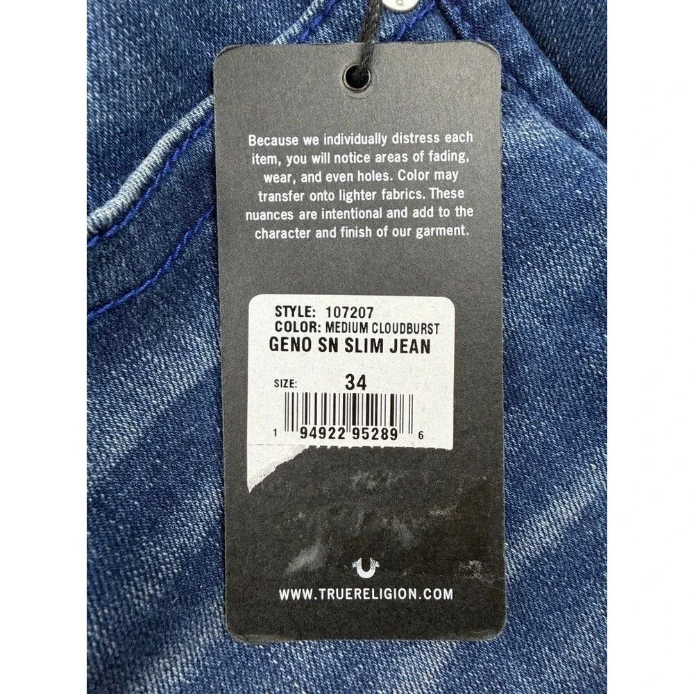 NEW TRUE RELIGION Geno Mens 34x32 Denim Blue Wash USA Relaxed Slim Fit Jeans